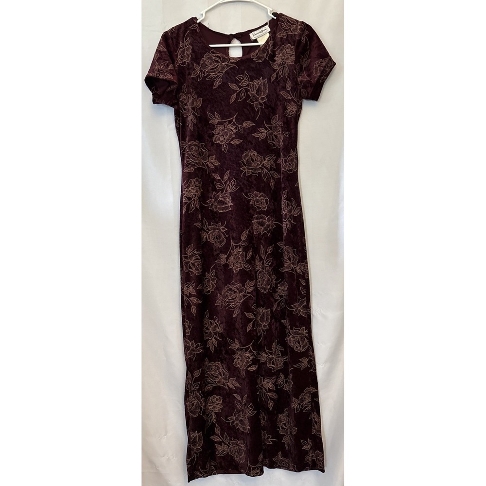 Vtg 90's Especially Yours Crushed Velvet Maxi Dress 5/6 Burgundy Whimsy Floral